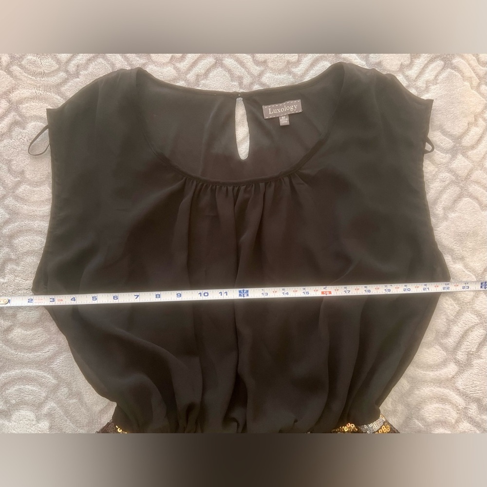 Luxology Sequin Dress Black Gold Sheer Top Size M - Picture 5 of 8